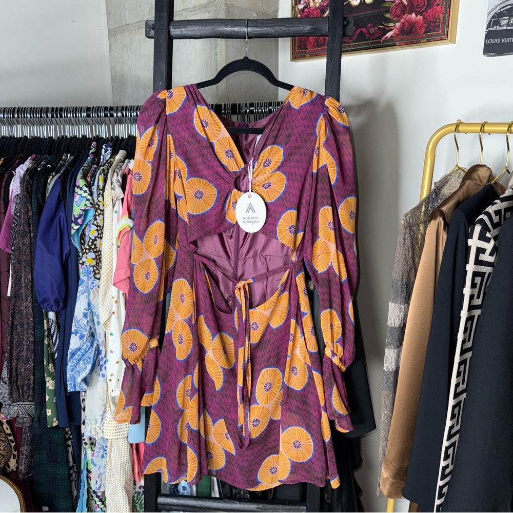 Autumn Adeigbo Amelie Printed Cut-Out Mini Dress Purple Womens 4 New NWT - Picture 8 of 17